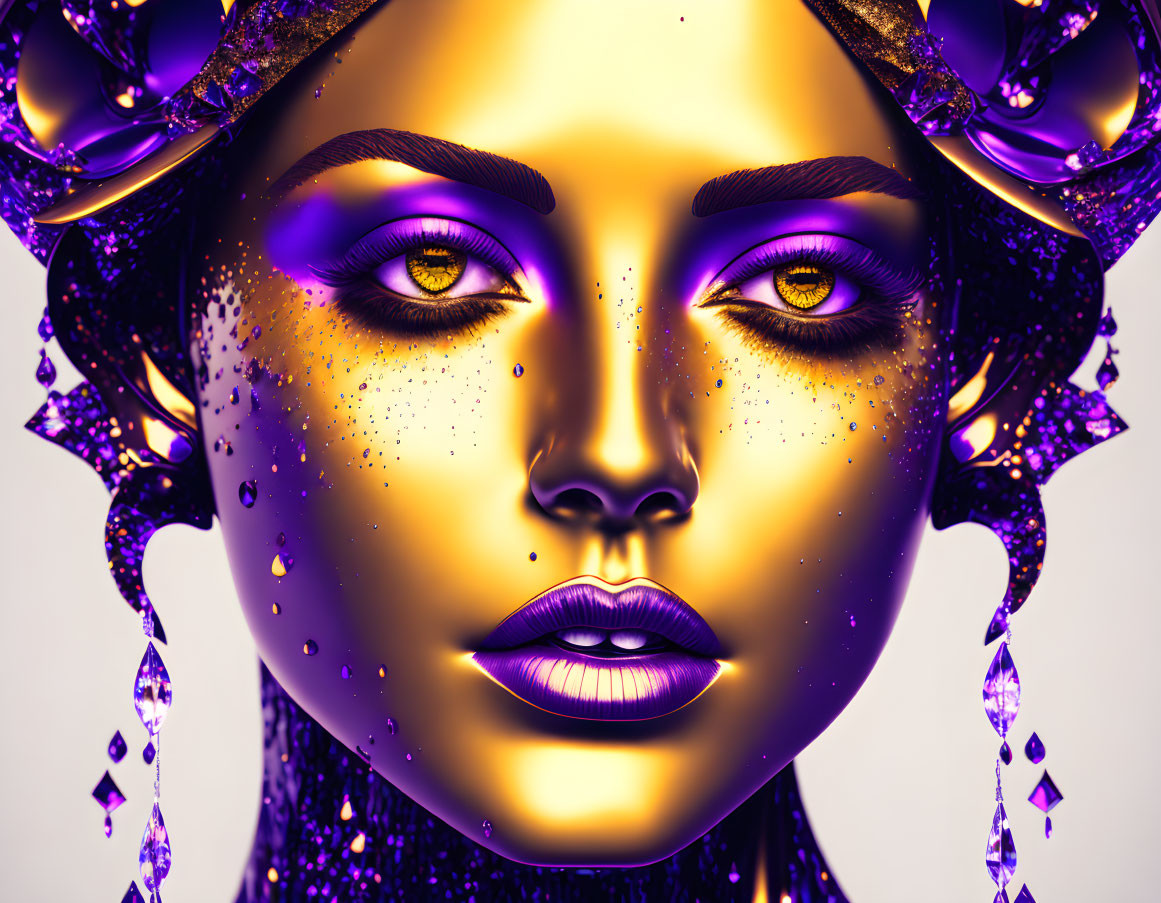 Digital artwork: Woman with golden skin, purple makeup, adorned with crystals