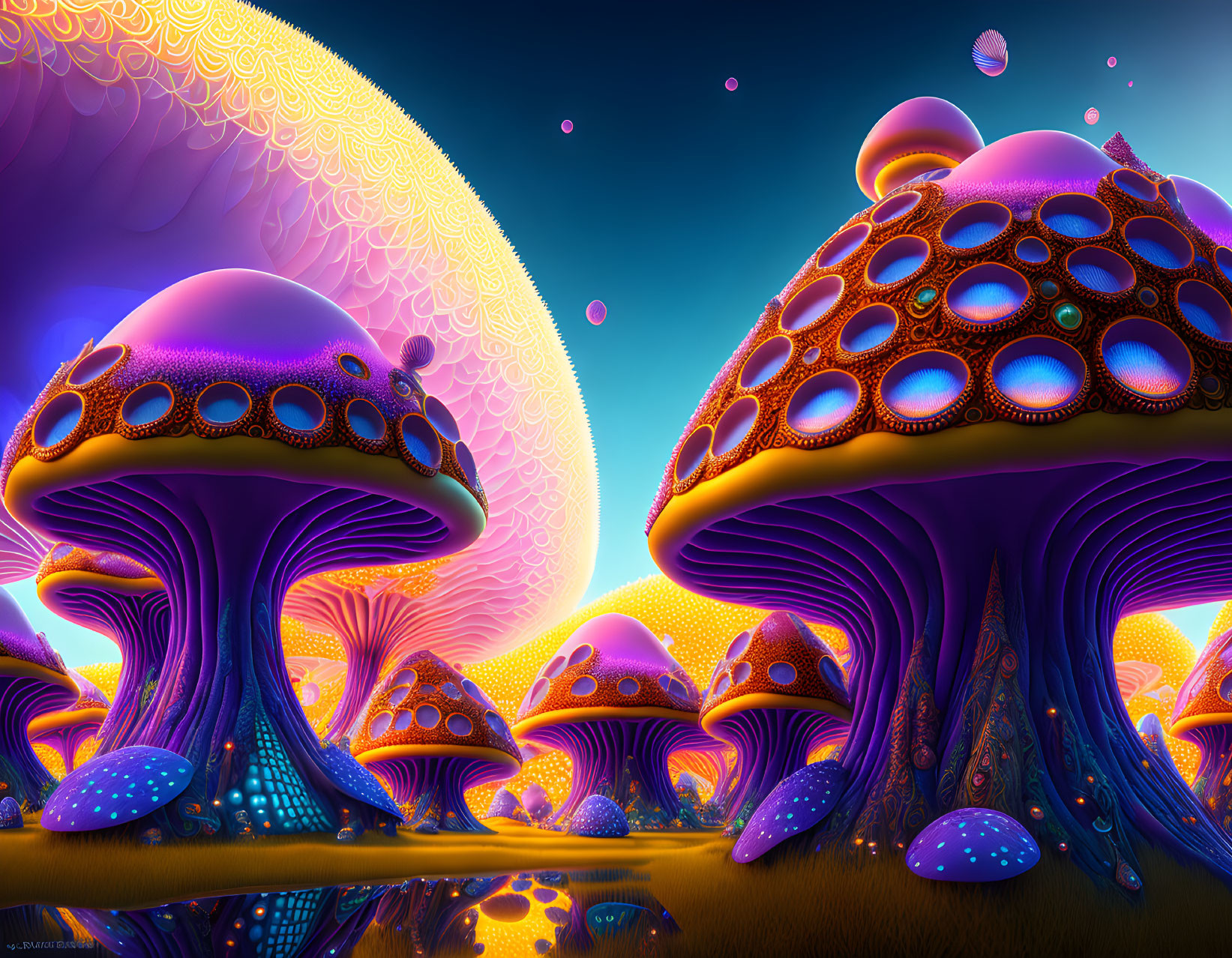 Psychedelic landscape with bioluminescent mushrooms and patterned moon