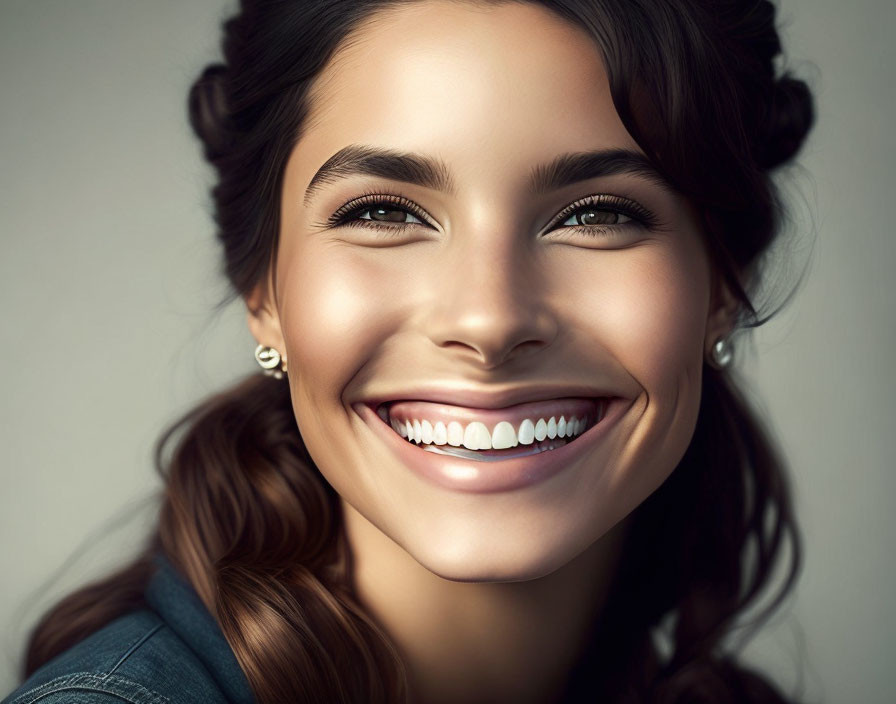 Smiling woman with braided dark hair in denim outfit