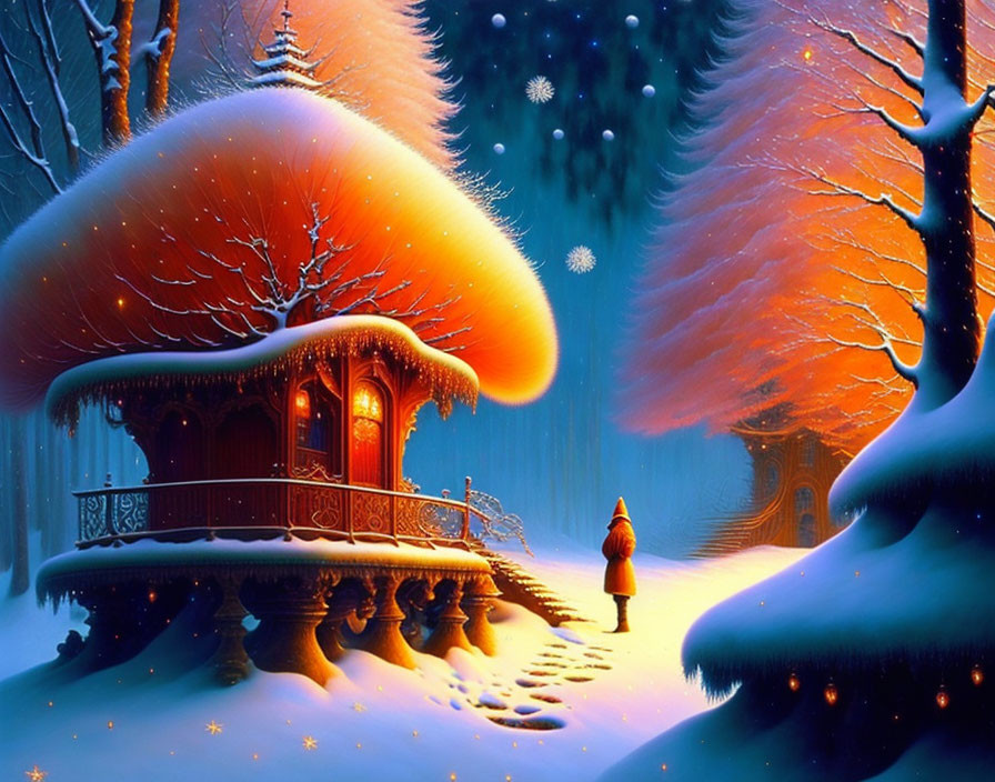 Snowy forest with whimsical mushroom-shaped house