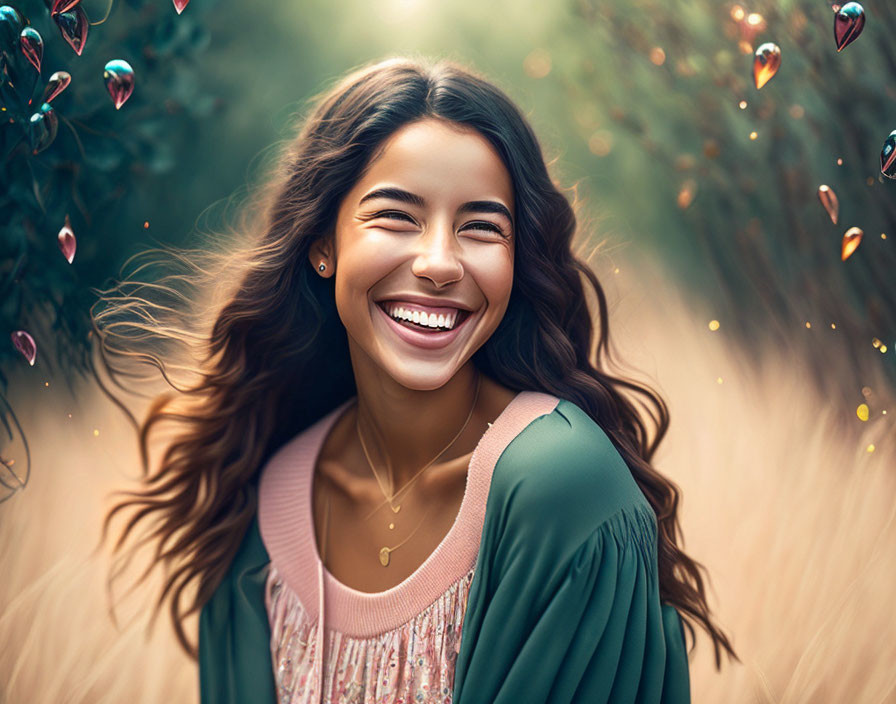 Young woman with flowing hair in whimsical setting with lights and hearts