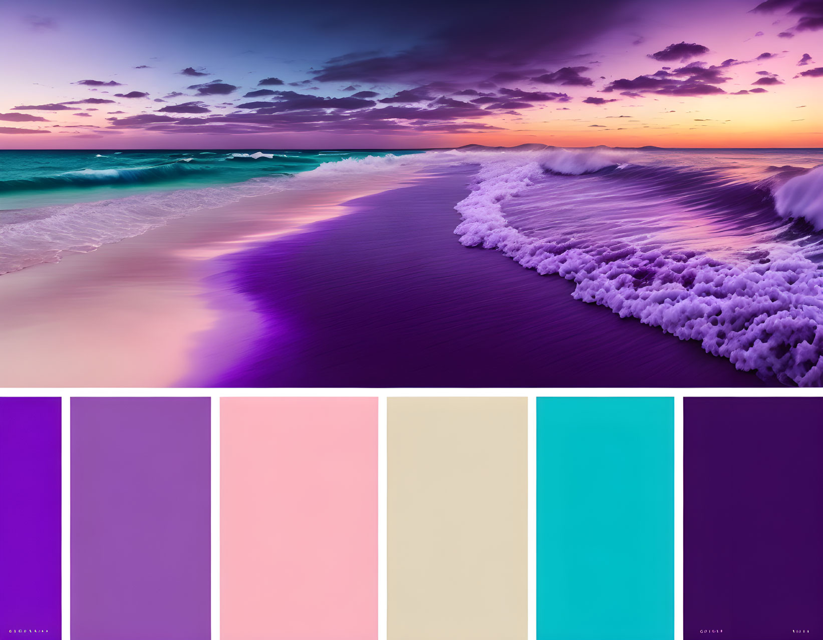 Colorful Sunset Beach with Purple Sand and Waves Palette Strip