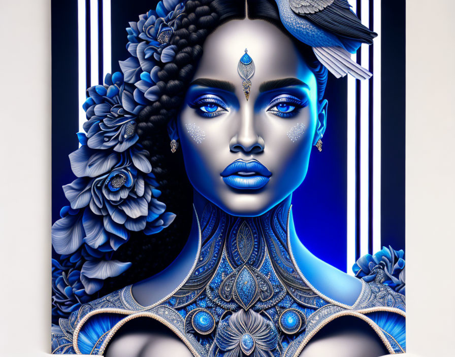 Blue-skinned woman adorned in intricate jewelry on striped floral background.