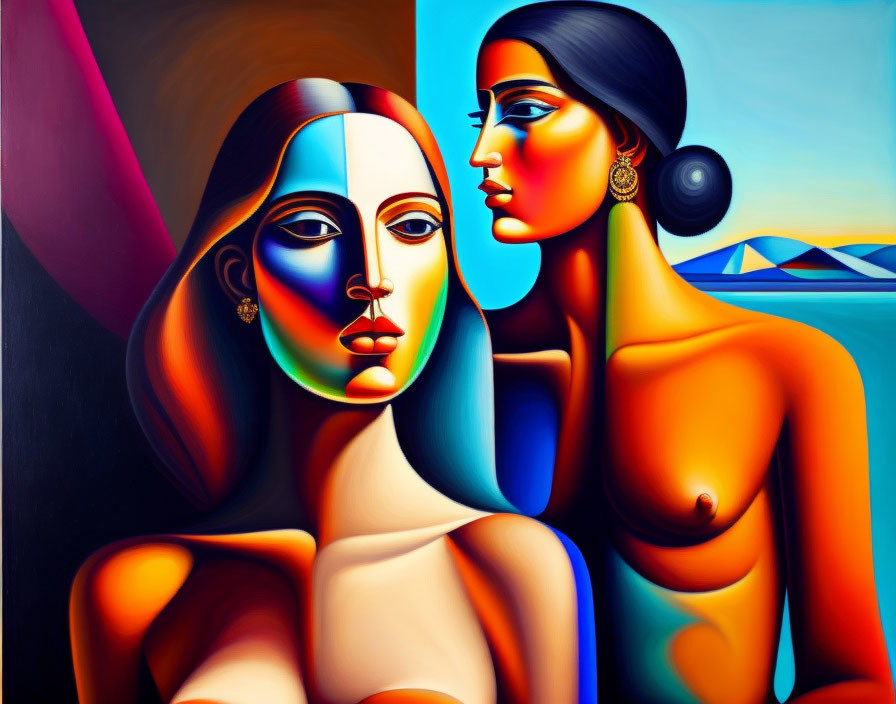 Colorful painting of two stylized women against surreal background