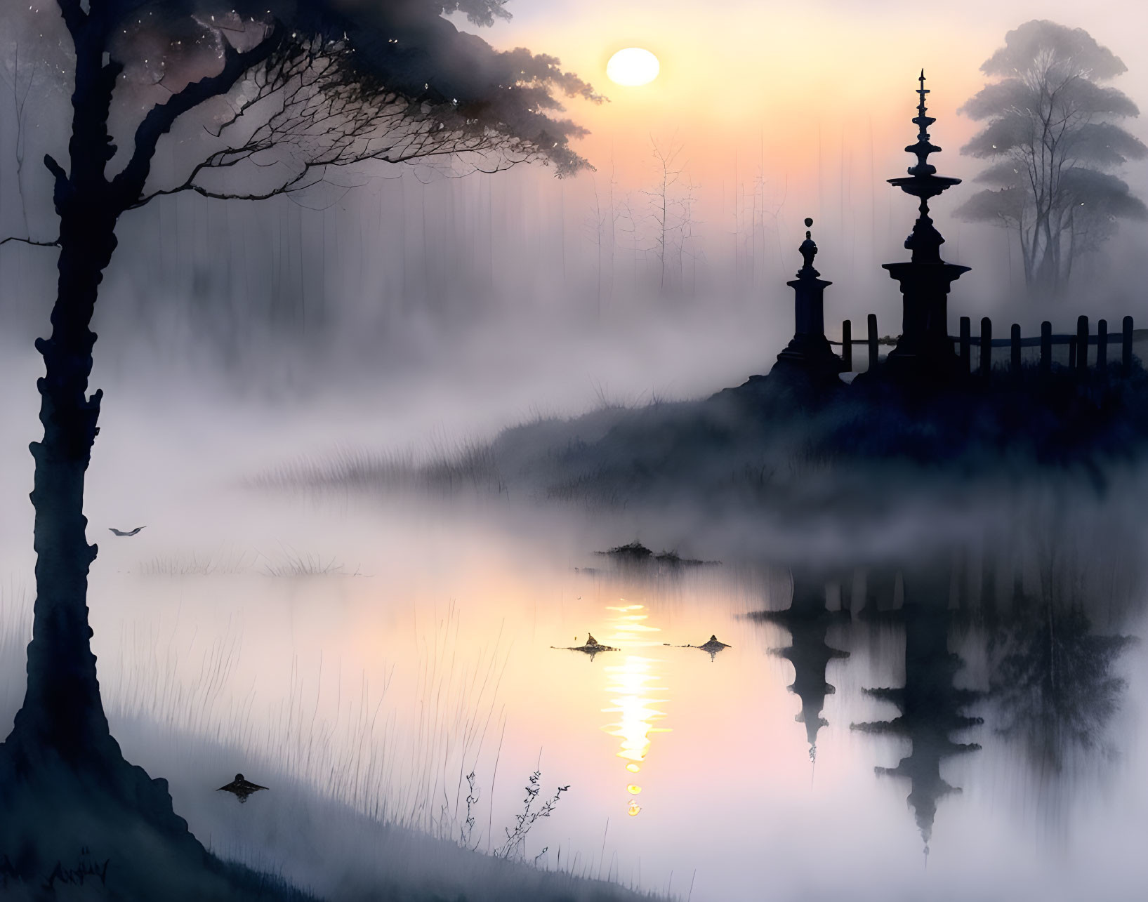 Misty Pond Sunrise with Pagoda, Ducks, Silhouetted Tree