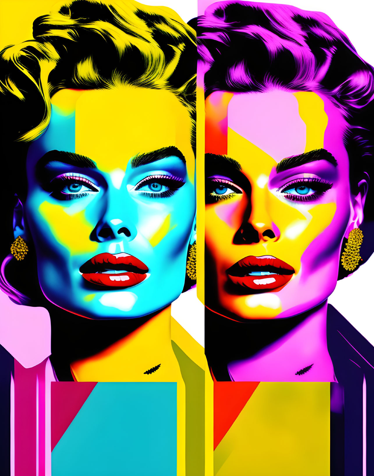 Vibrant pop art portraits of a woman with bold colors and contrasts