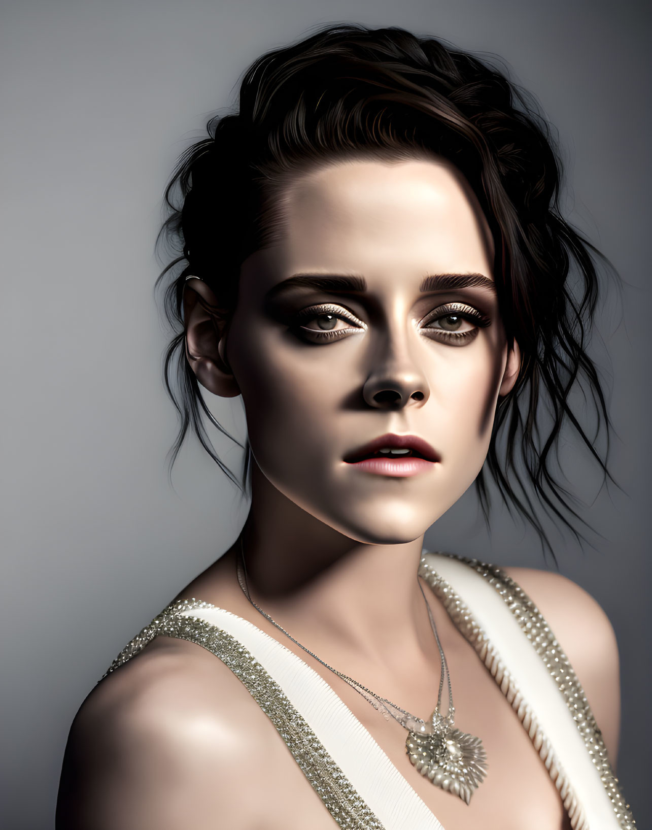 Digital portrait of woman with smoky eye makeup and tousled updo, wearing sleeveless top and