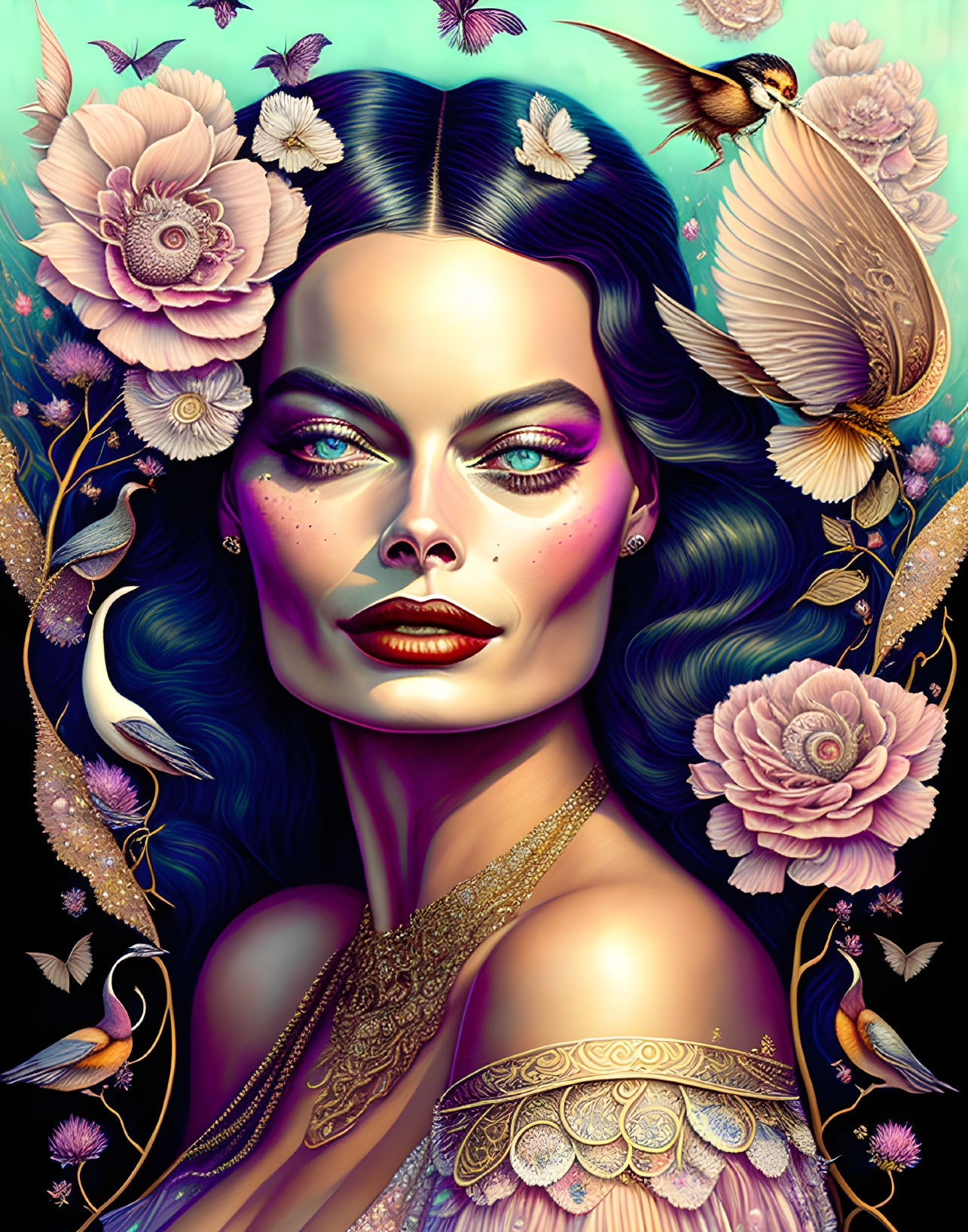 Stylized portrait of woman with blue hair and intricate jewelry surrounded by pink flowers and birds