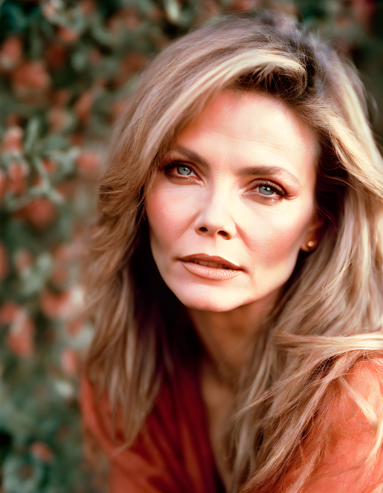 Blonde woman with eye makeup in orange top against floral backdrop