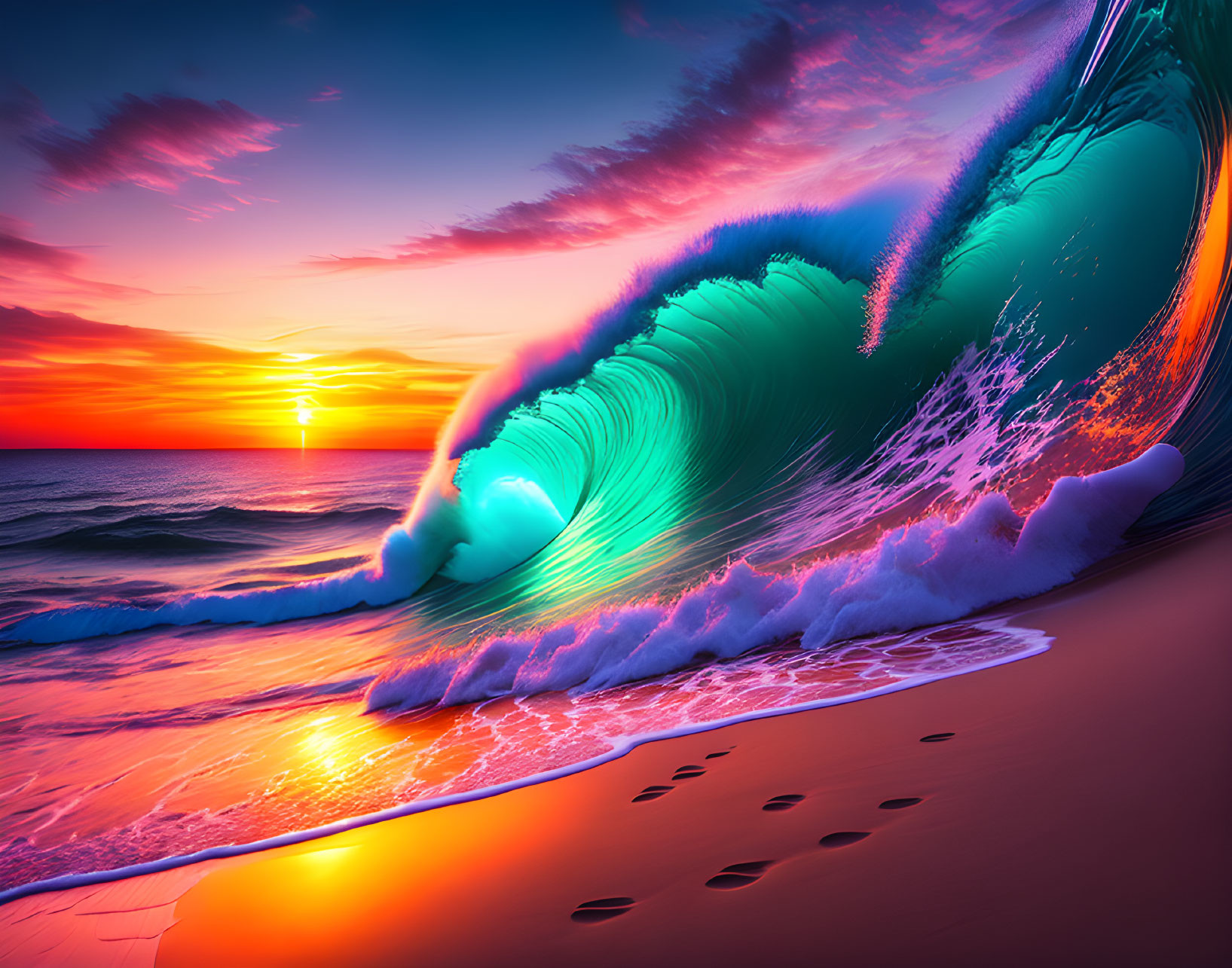 Vibrant sunset over turquoise wave on sandy beach