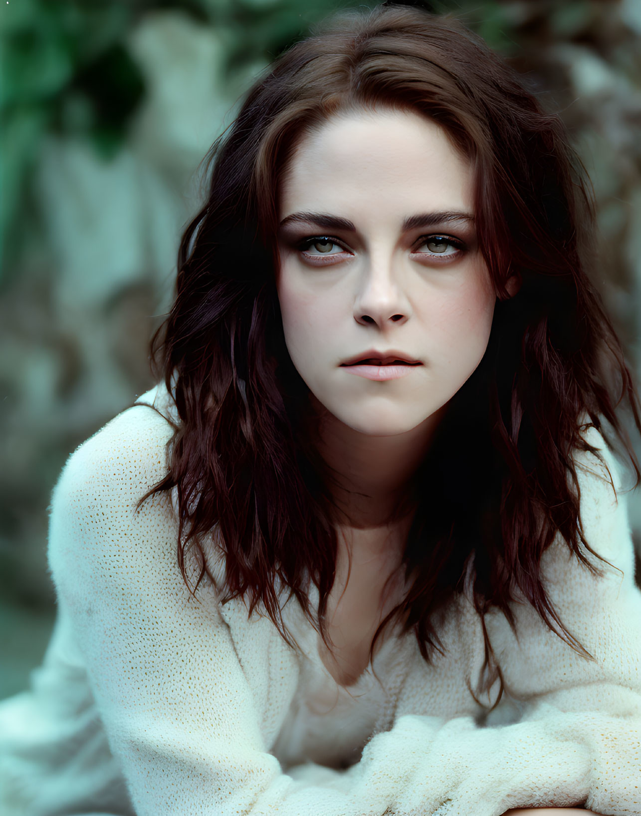 Intense gaze woman in white sweater with tousled brown hair.