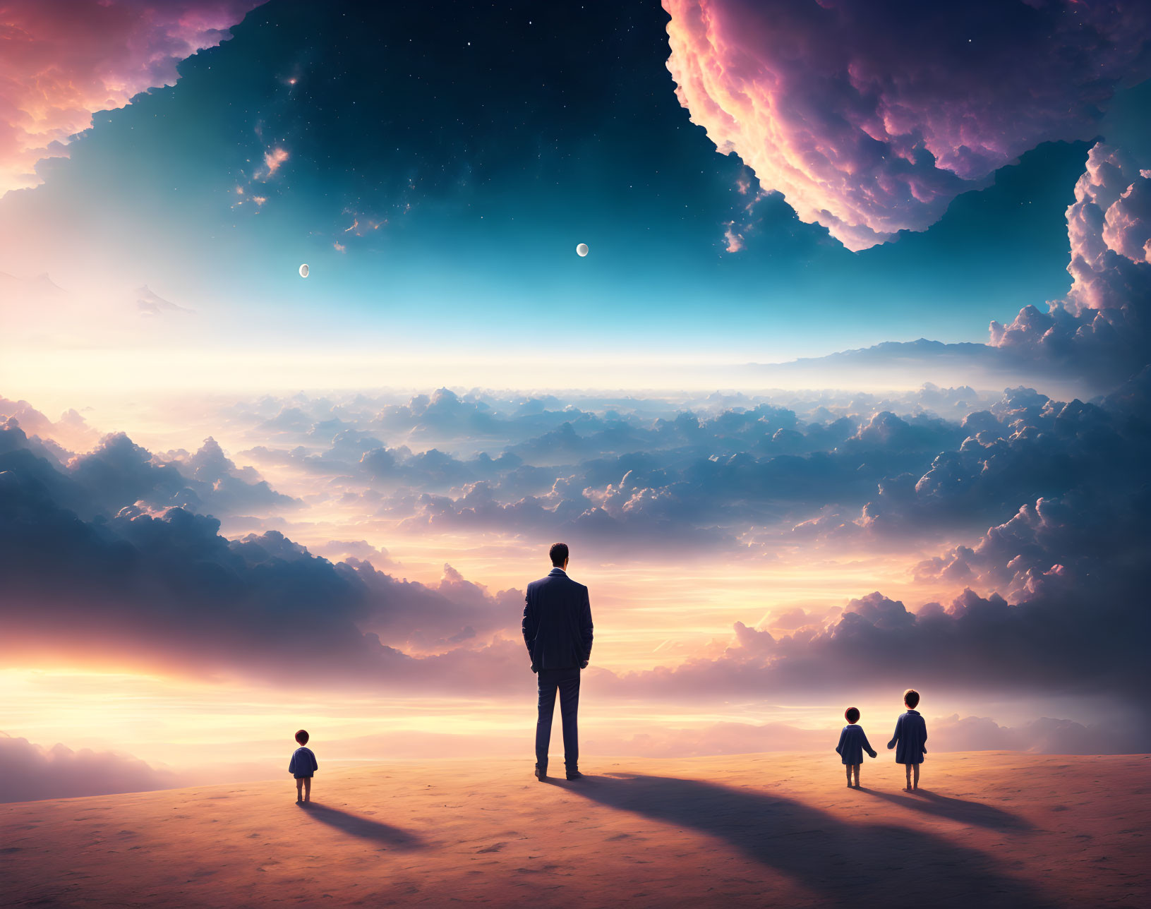 Person and small figures under surreal sky with multiple moons and clouds.