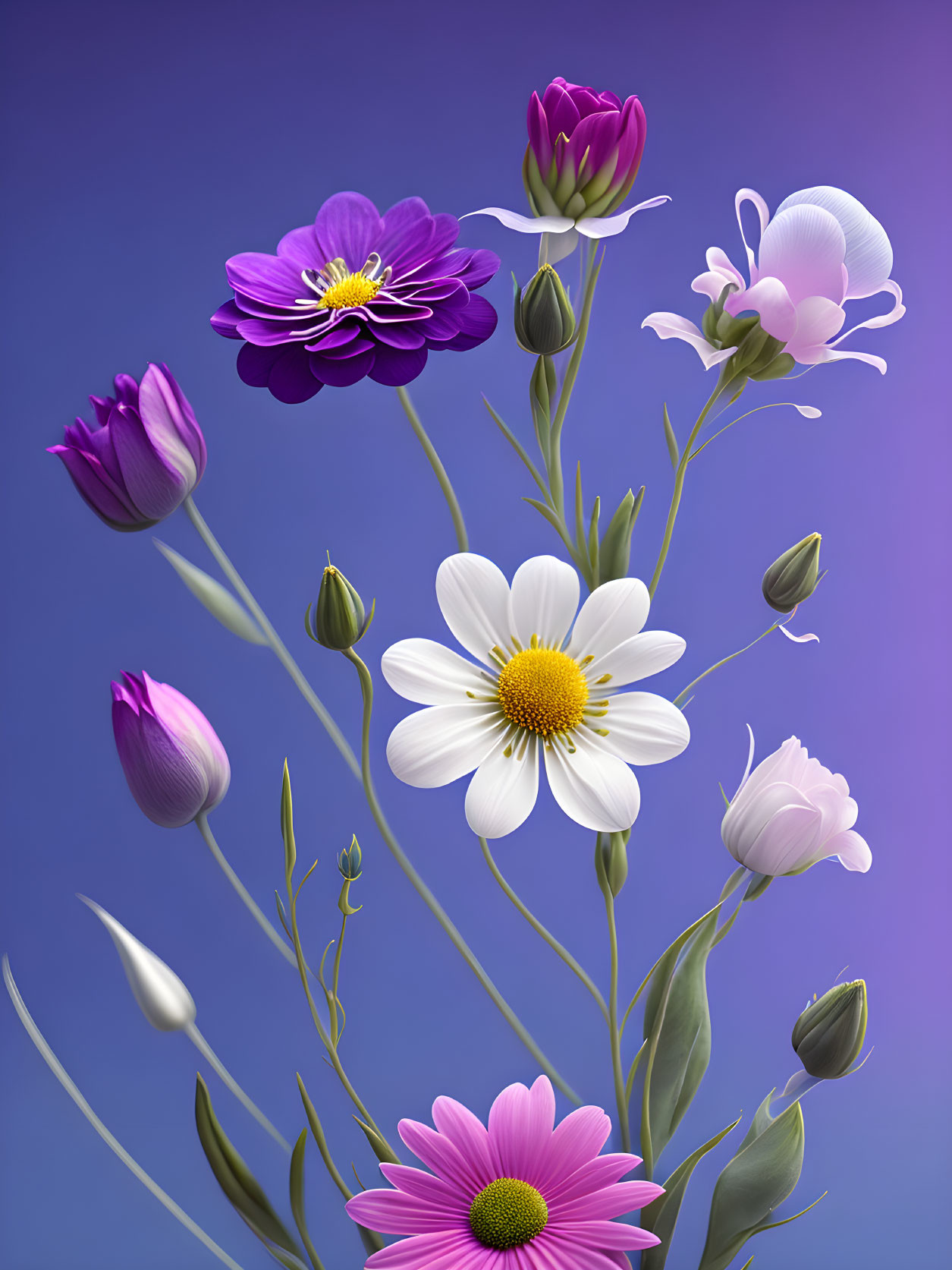 Vibrant illustrated flowers in purple, white, and pink on blue background