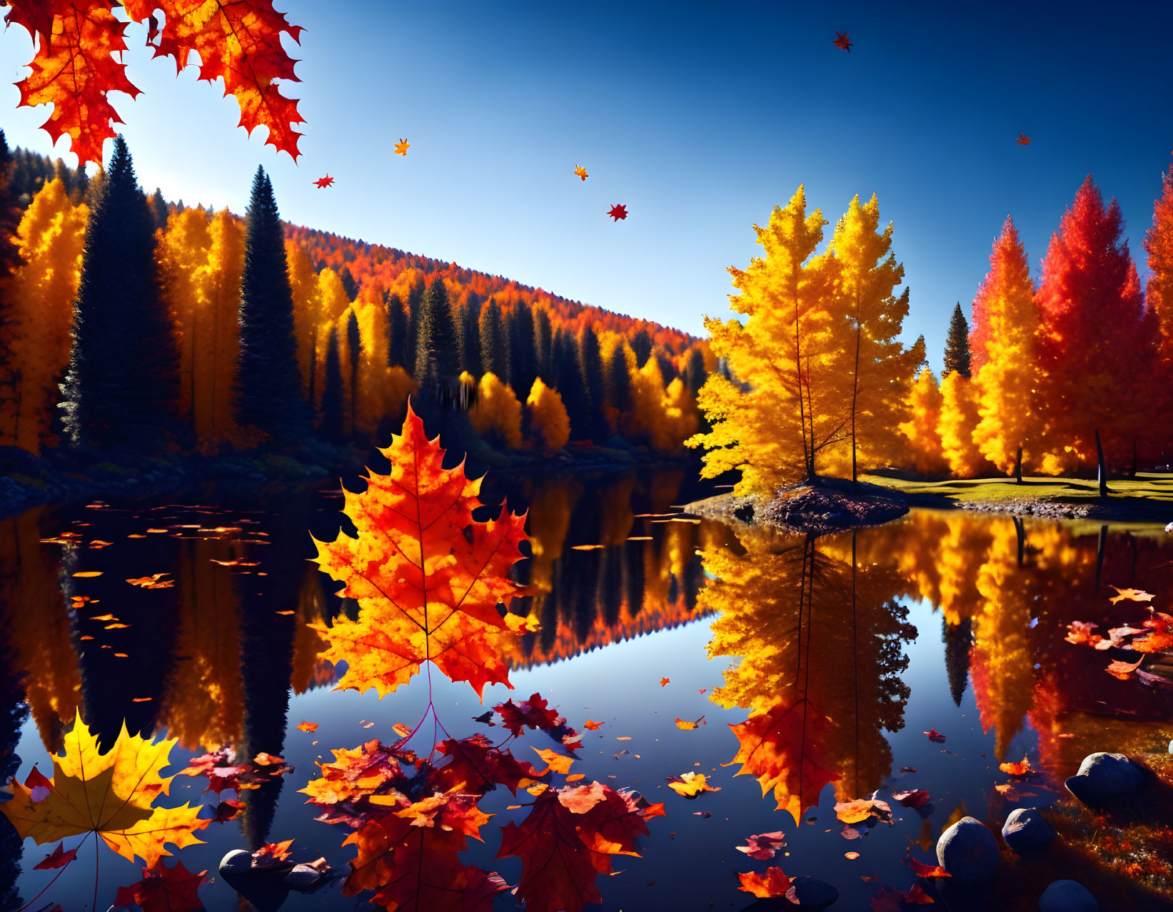 Vibrant autumn trees reflected in a still lake under a blue sky