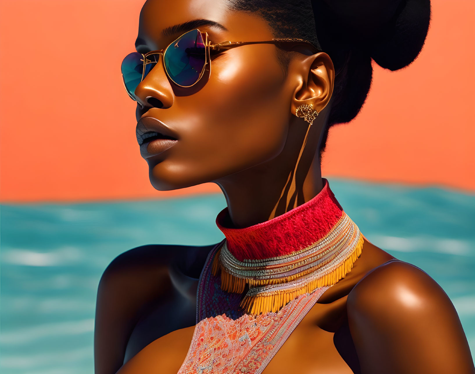 Fashionable woman in sunglasses and statement necklace on orange backdrop