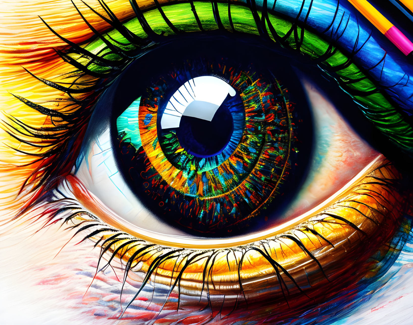 Colorful Close-Up Human Eye Illustration with Rainbow Iris