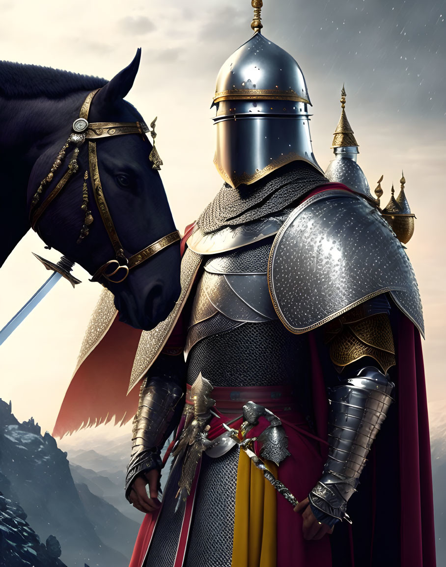 Medieval knight in shining armor with red cape beside black horse at dusk