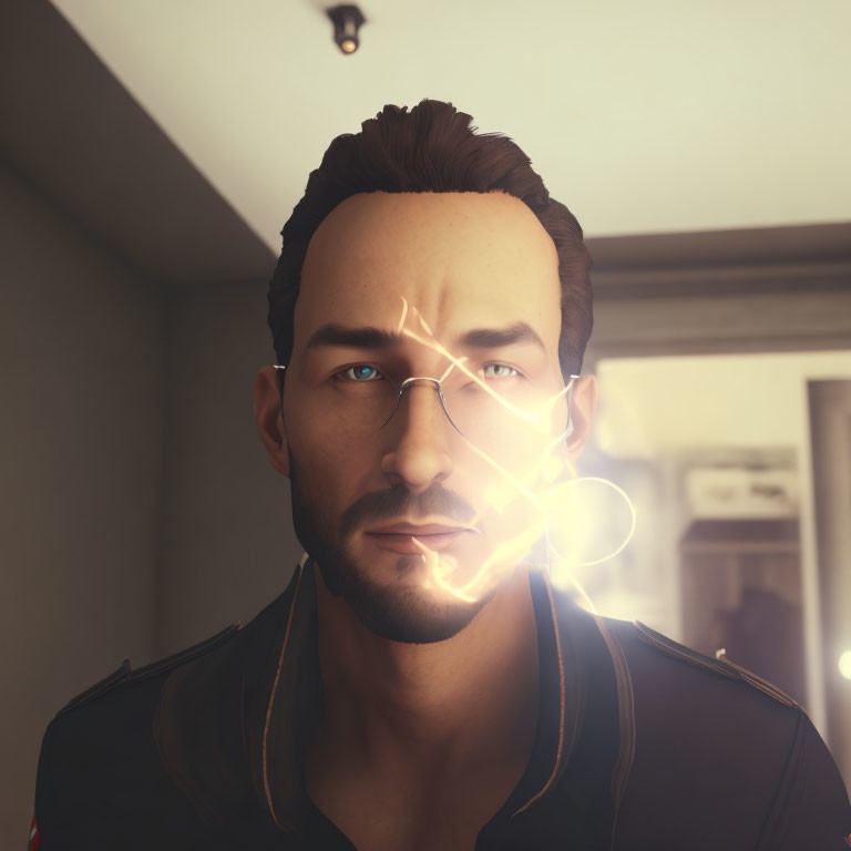 Bearded man with intense gaze and glowing cracked glasses in indoor setting