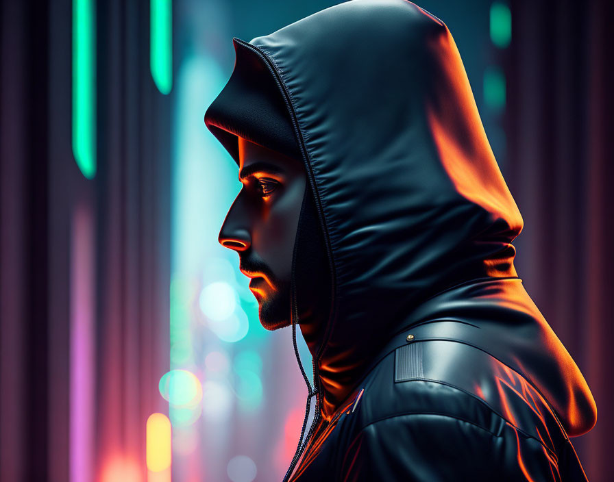 Hooded figure in neon-lit setting with bokeh lights