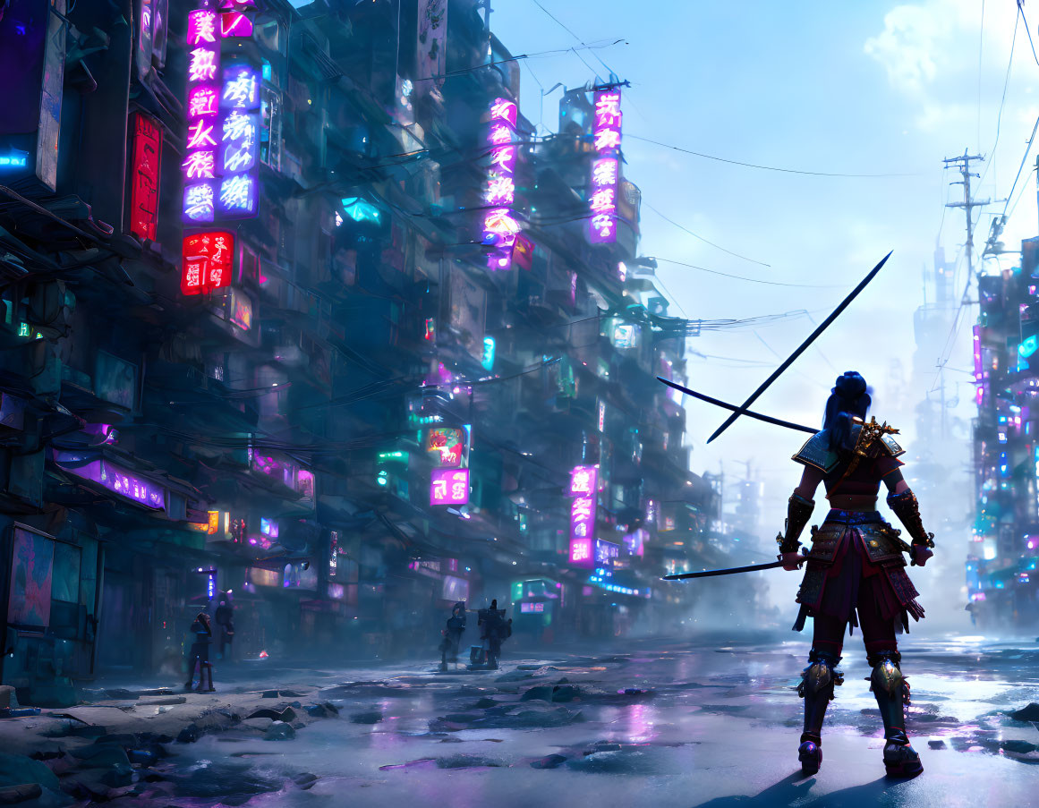 Warrior in neon-lit futuristic alley with urban landscape and people.