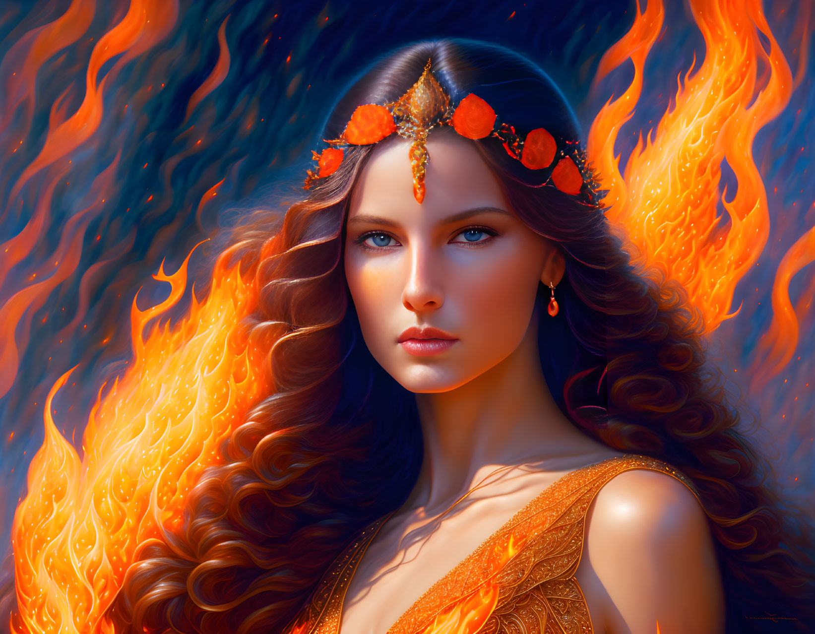 Woman with wavy hair and fiery headpiece in front of flames, wearing orange attire.