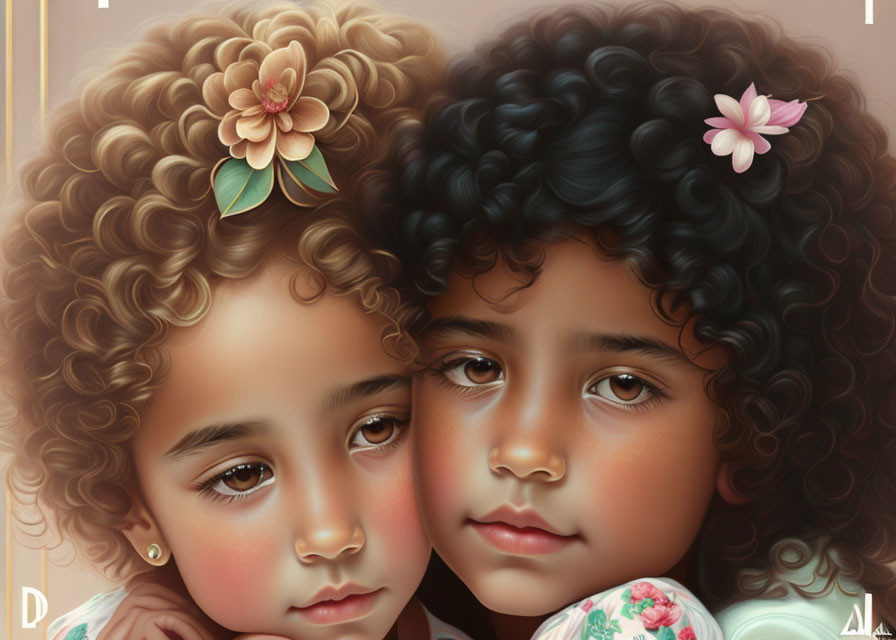 Intricate Curly Hair on Two Children in Digital Art