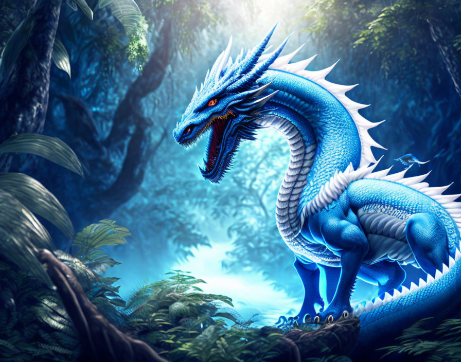 Blue dragon with red eyes in misty jungle with lush green foliage