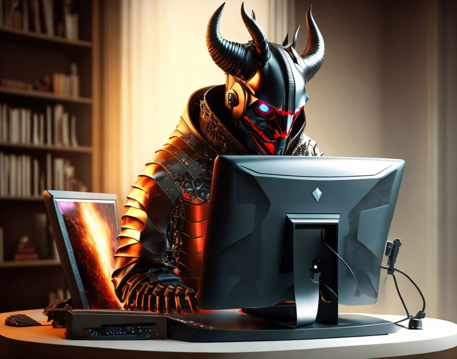 Red-eyed horned demonic figure using computer in dimly lit room