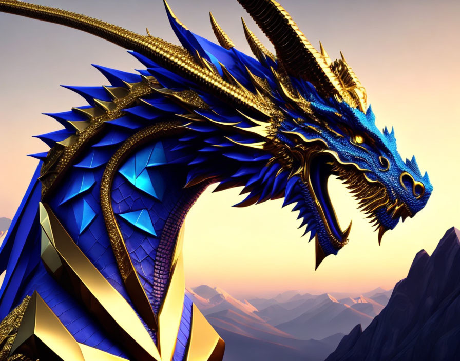 Blue and Gold Dragon with Intricate Scales Against Purple Mountains at Sunset