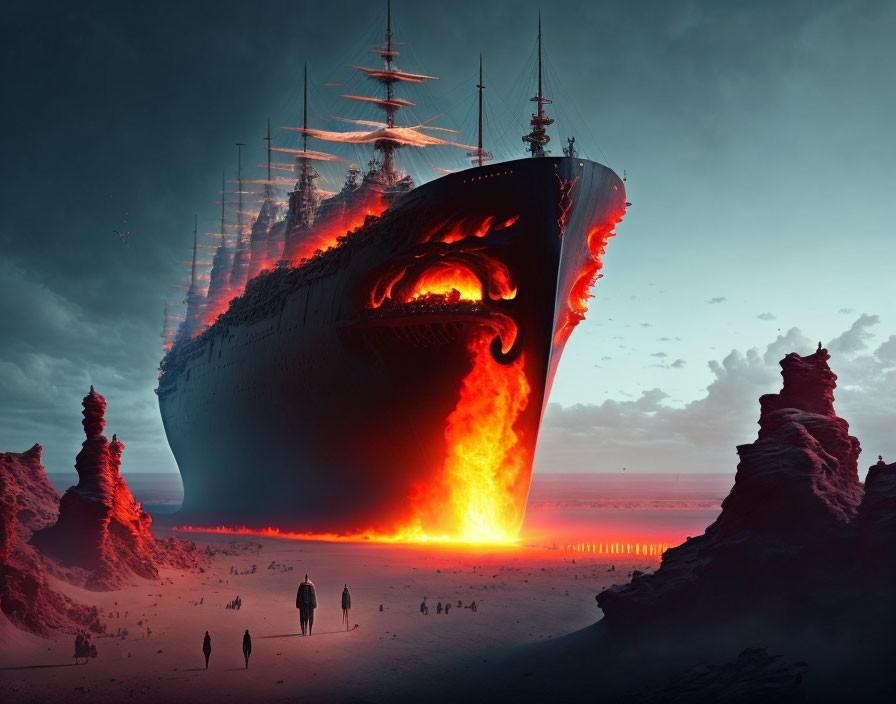 Enormous grounded ship with fiery interior in desolate landscape.