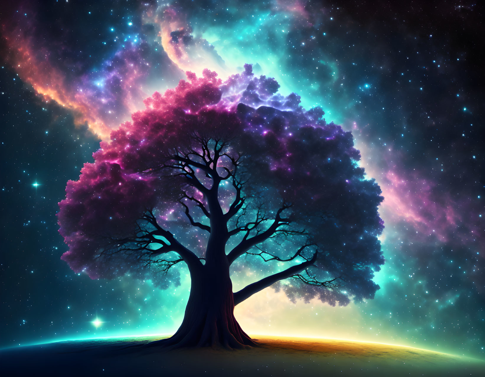 Vibrant tree with purple and pink foliage under starry sky and colorful nebulae