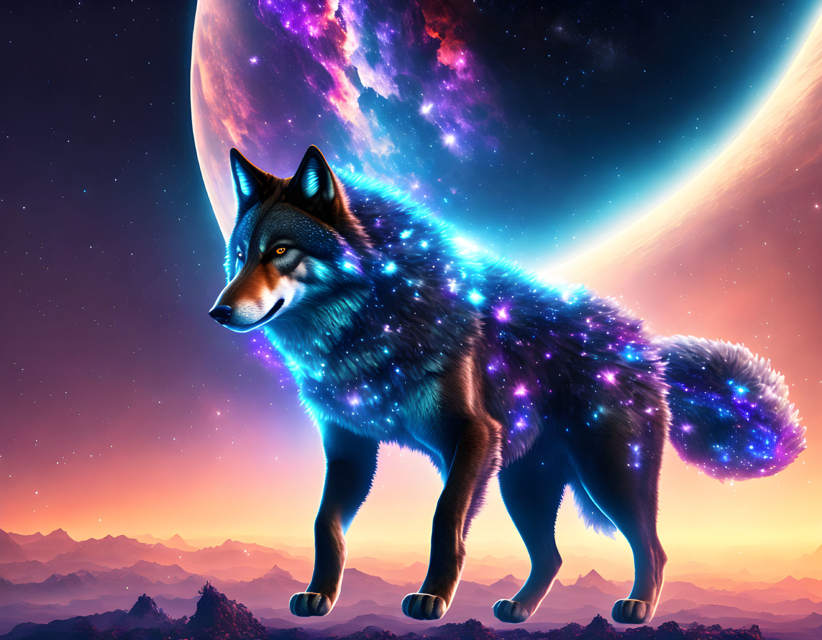 Cosmic wolf with starry night fur against mountain backdrop