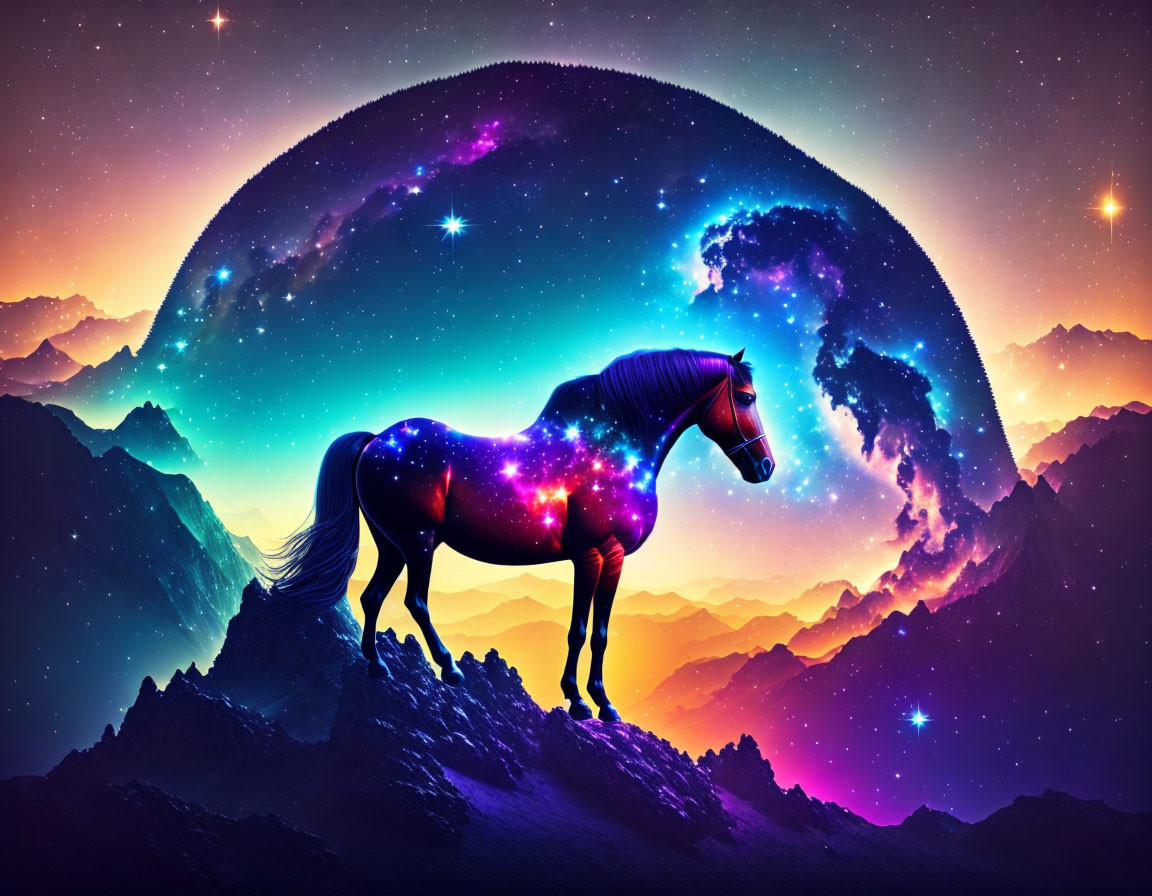 Cosmic horse on mountain under star-filled sky