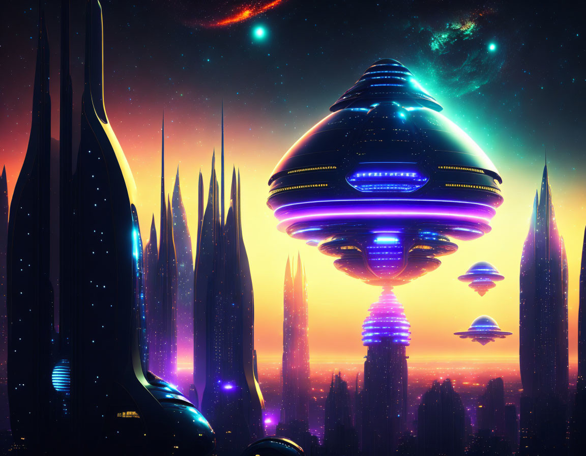 Futuristic sci-fi cityscape with flying saucers at night