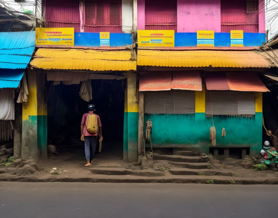 Pedestrian in helmet and backpack passes colorful roadside shops on cloudy day