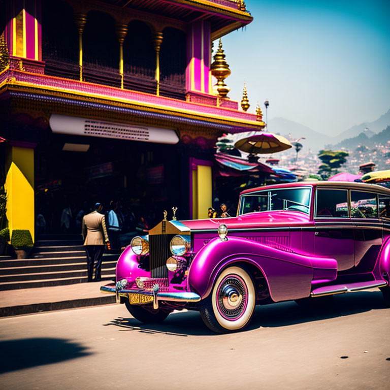 Purple Rolls-Royce parked by ornate building with golden accents