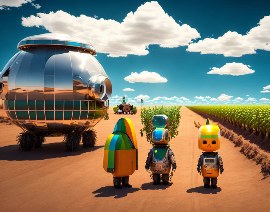 Cartoon robots walking near cornfields with futuristic vehicle in background