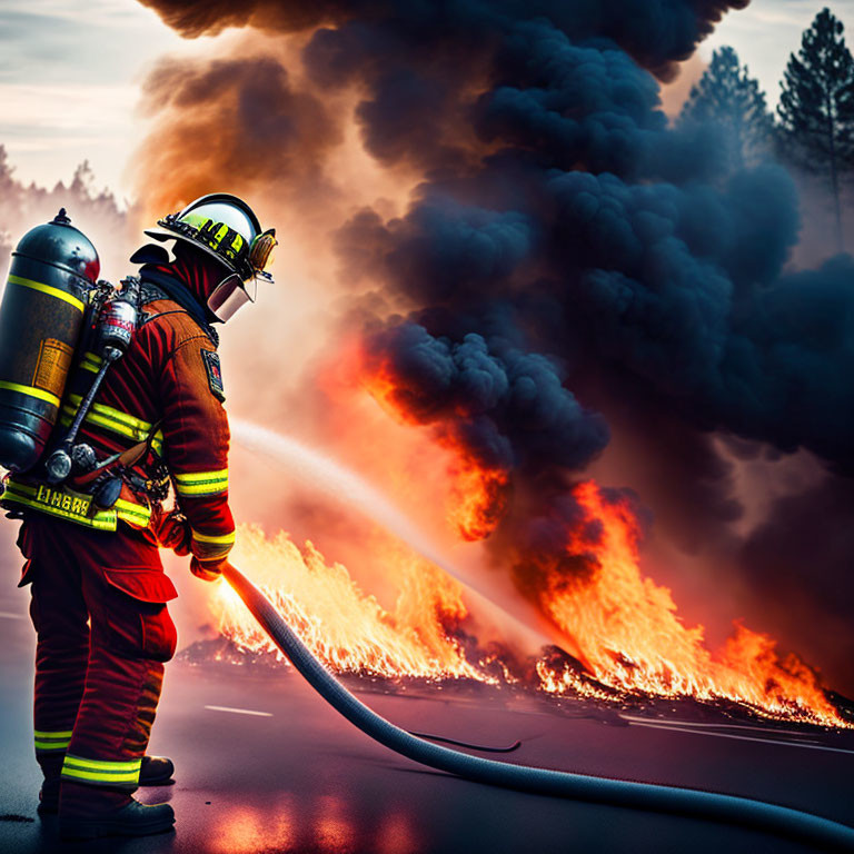 Firefighter in full gear with hose battling massive wildfire and smoke.