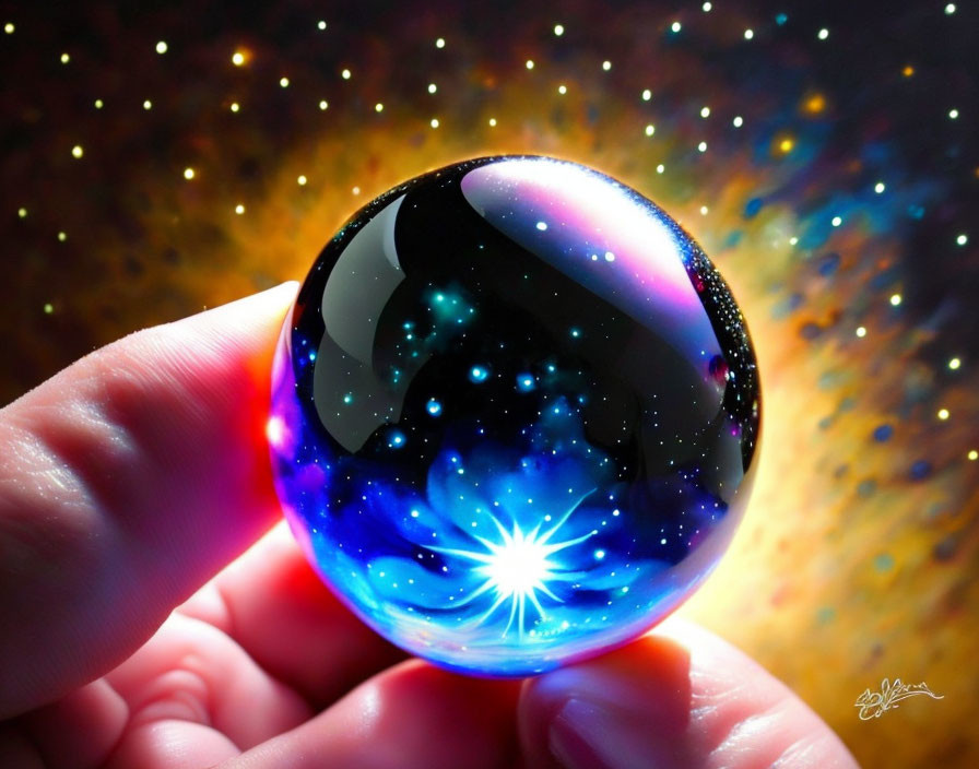 Hand holding cosmic glass sphere with galaxy pattern on starry background