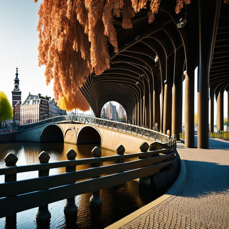 Tranquil urban landscape with curved bridge, canal, orange trees, and arches