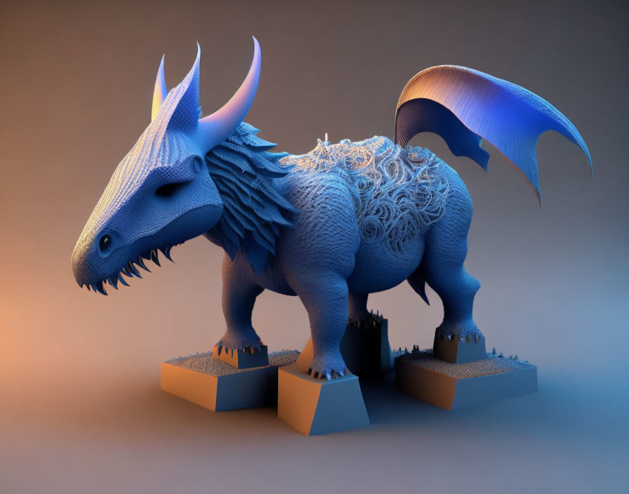 Blue fantasy creature with horns, wings, and intricate skin patterns on geometric platform