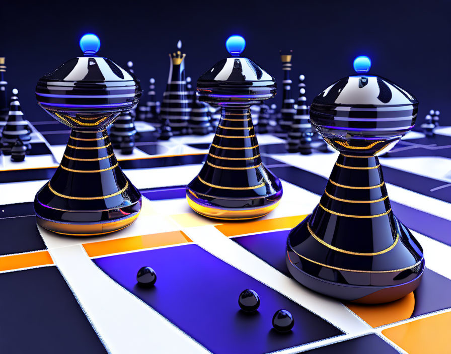 Futuristic 3D Render of Black and Gold Chess Set on Blue and Orange Grid Board