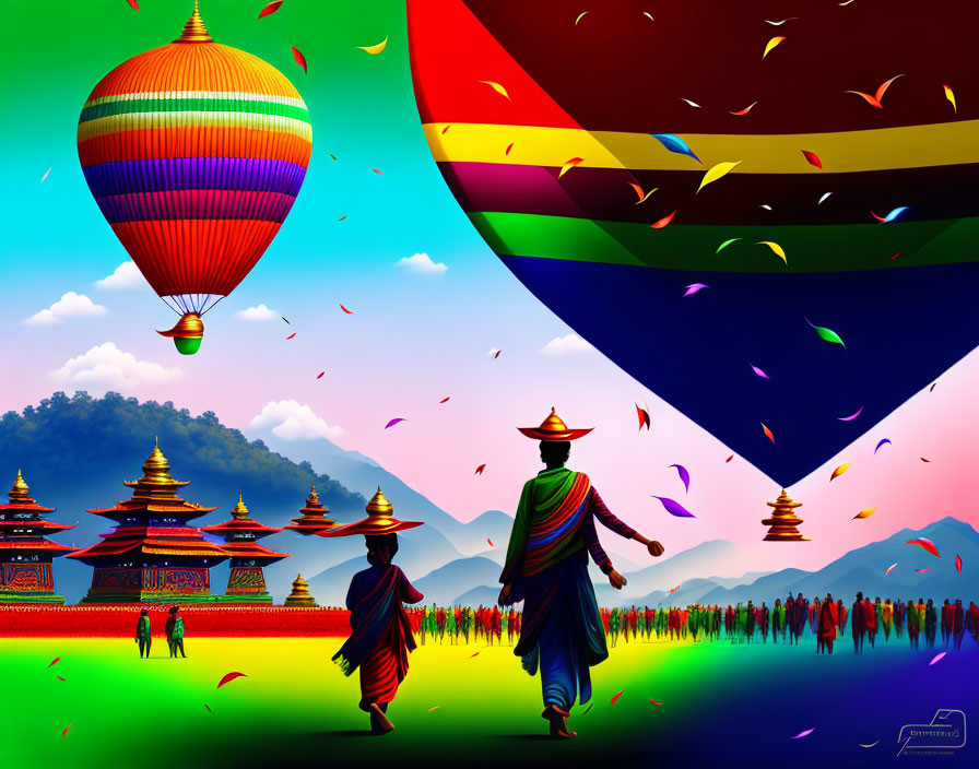 Colorful artwork: Two figures in traditional attire near temples with hot air balloon and flags, against mountain