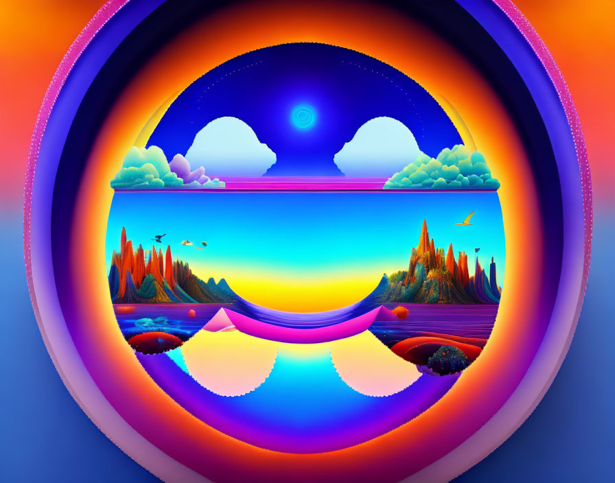 Colorful surreal landscape with reflective waters and floating islands.