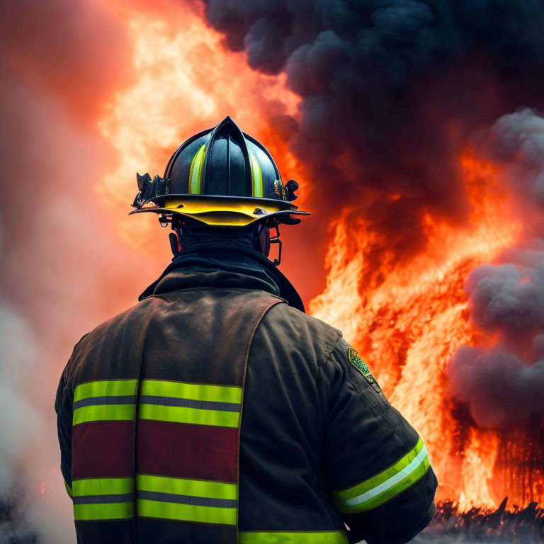 Firefighter in full gear observing large blaze with thick smoke.