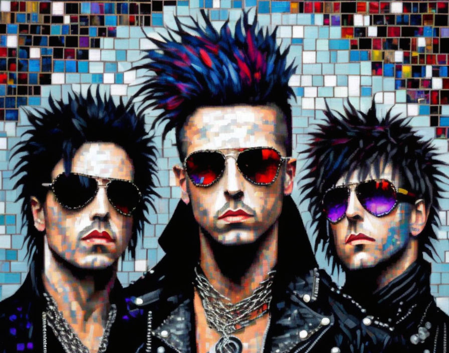 Mosaic of Three Edgy Figures with Spiked Hair in Sunglasses