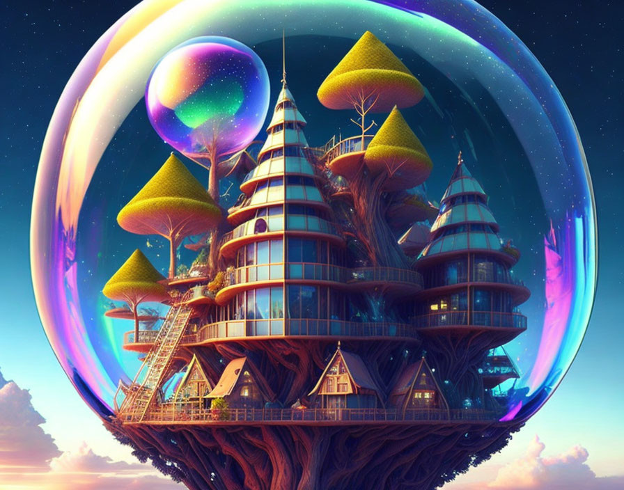 Vibrant glowing treehouse in bubble above cloud at twilight