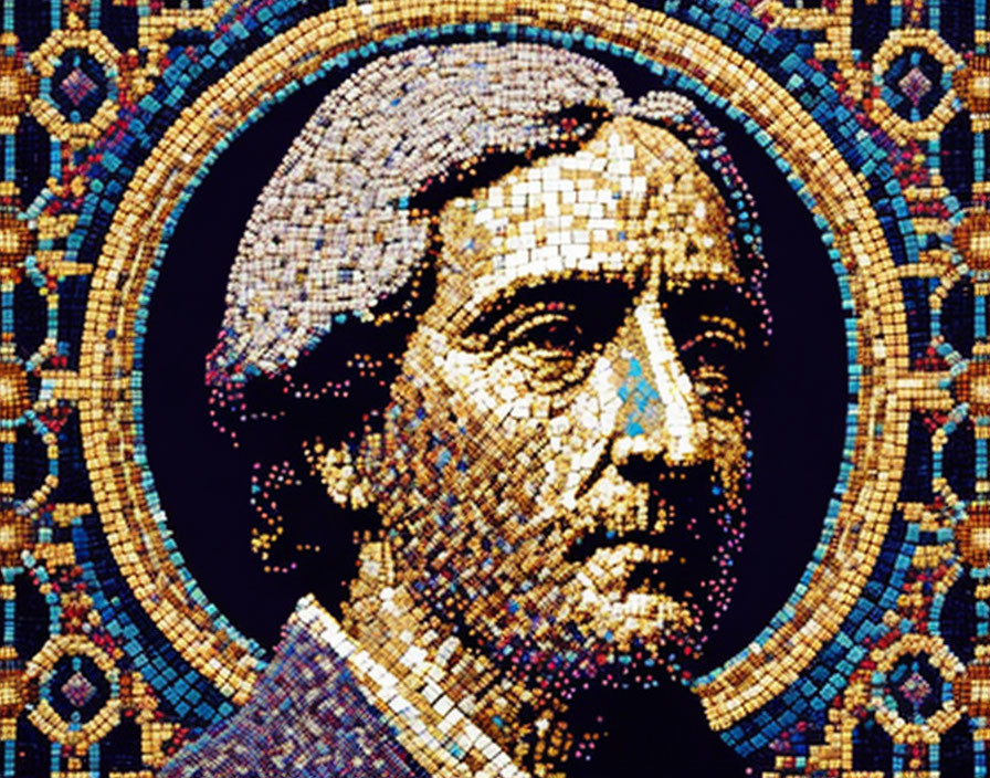 Colorful mosaic of person with solemn expression and halo motif on blue background