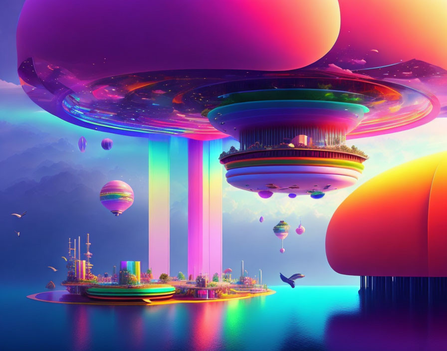 Futuristic cityscape with floating islands and colorful skyscrapers