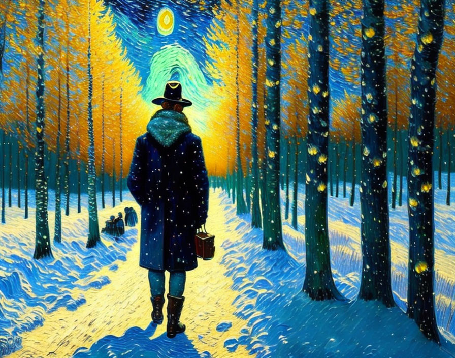 Solitary figure in winter coat and hat in vibrant snowy forest at night